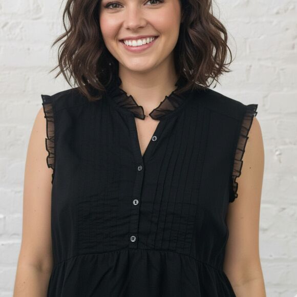 Converse One Star Top Size L Black Button Front Ruffle Sleeveless Cotton Blouse - Picture 16 of 16